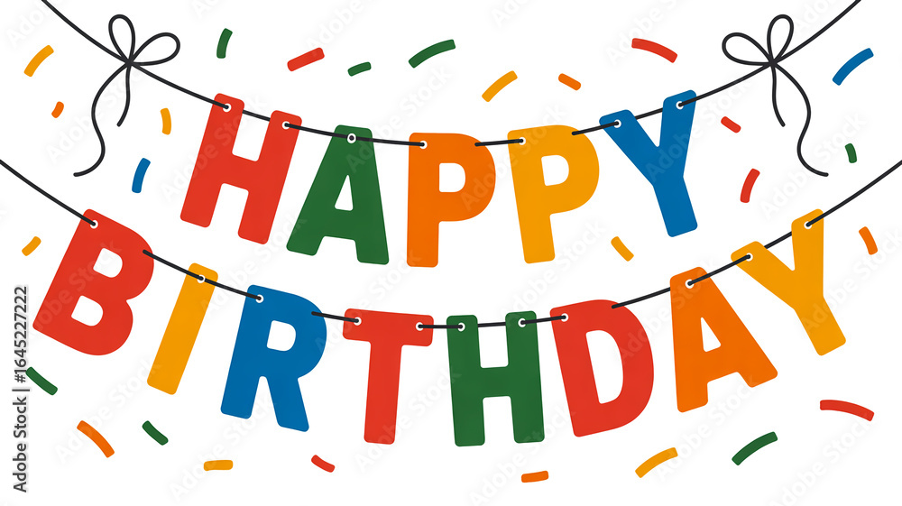 Fototapeta premium Colorful Happy Birthday banner on black cord, vibrant confetti scattered