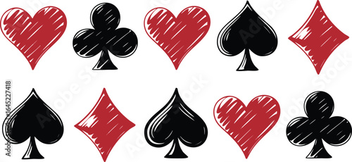 HandDrawn Hearts, Clubs, Spades, and Diamonds Arranged on a White Background Illustration