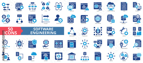 Software engineering icon set flat style collection. Contain algorithm, application, architecture, array, back end, bug, cache, code, compiler, conditional, configuration, ide, programming, code