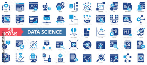 Data science set flat style collection. Contain machine learning, analytics, anomaly, ai, big data, classification, correlation, data cleaning, engineer, data mining, scientist, visualization