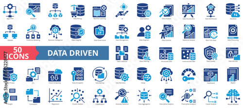Data driven icon set flat style collection. Contain algorithm, analytics, big data, data mining, machine learning, ai, science, analysis, visualization, warehouse, database, dataset, predictive, kpi