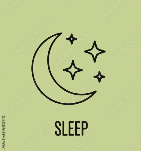 A minimalist line art icon of a crescent moon and stars. A simple, clean graphic representing sleep, rest, night, and relaxation.