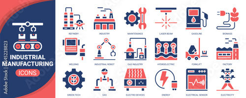 Industrial manufacturing icon set. Containing icon of factory, robot arm, assembly line, construction worker, car manufacturing and more. Solid vector icons collection.