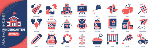Kindergarten icon set. Containing icon of kindergarten, puzzle, book, teddy bear, backpack and more. Solid vector icons collection.