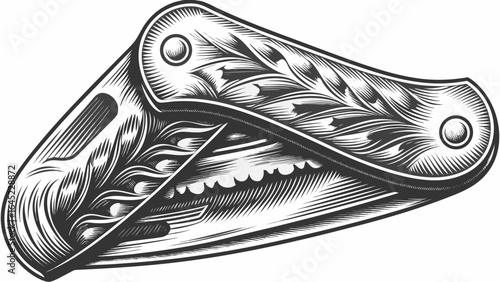 Detailed engraving of a folding knife with decorative handle and serrated blade in black and white style silhouette