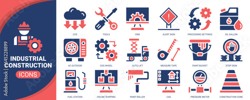 Industrial construction icon set. Containing icon of tools, engineering, paint roller, blue print, cog wheel and more. Solid vector icons collection.