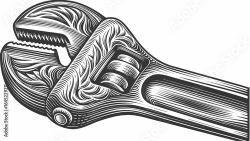 Detailed engraving style illustration of an adjustable wrench with intricate line work and shading effects silhouette