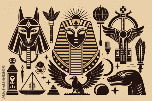 Elegant egyptian symbols illustration featuring anubis pharaoh mask horus and other ancient cultural elements
