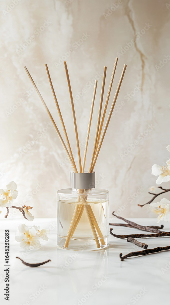 Fototapeta premium Fragrant diffuser with vanilla sticks and floral accents on a marble surface creating a serene ambiance