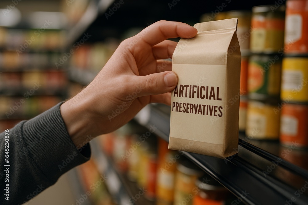 Fototapeta premium Hand holding brown package labeled artificial preservatives in grocery aisle