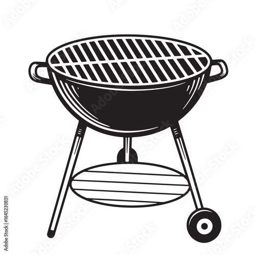 Black and white illustration of a classic round barbecue grill for outdoor cooking