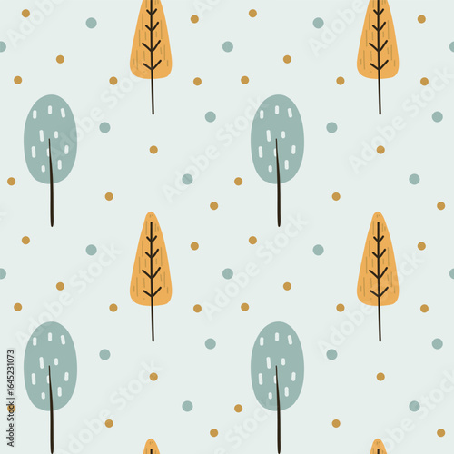 Minimalist seamless pattern featuring stylized trees and dots. Great for childrens fabric, nursery prints, nature-themed designs and soft surface decor.