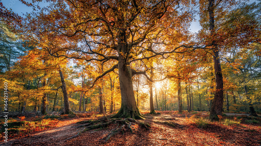 Fototapeta premium Autumn sunlight filters through the golden canopy of a mature tree in a peaceful woodland, illuminating the forest floor covered with fallen leaves.