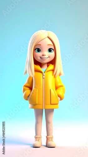 Cute cartoon girl in a yellow jacket
