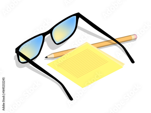 Isometric glasses stickers with written reminders lying on the table of tired office worker. Burnout at work. Realistic 3D vector concept isolated on white background