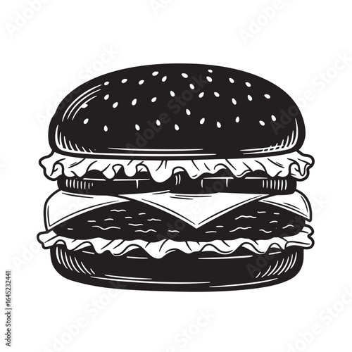 Classic american burger illustration with lettuce cheese and sesame seed bun design