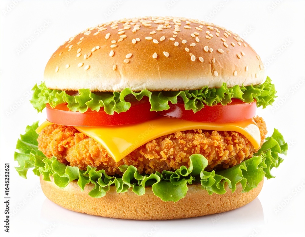 Delicious Fried Chicken Burger with Fresh Lettuce, Tomato, and Melted Cheese on Sesame Seed Bun Delicious Fried Chicken Burger with Fresh Lettuce, Tomato, and Melted Cheese on Sesame Seed Bun