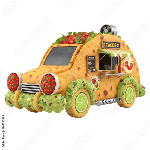 3D taco truck car with crunchy textured shell, salsa headlights, guacamole bumpers, food truck details – PNG, white background