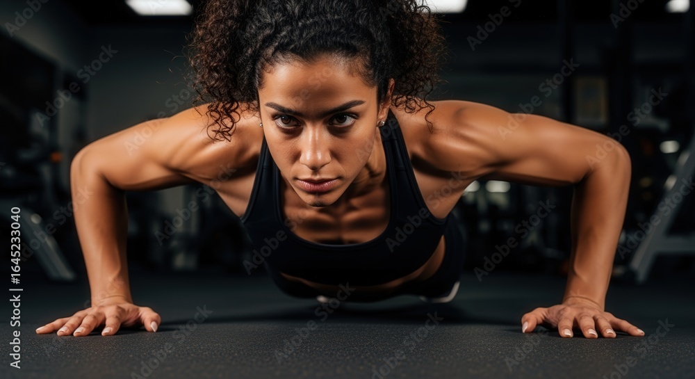 Fototapeta premium Determined young woman performing push-ups at the gym