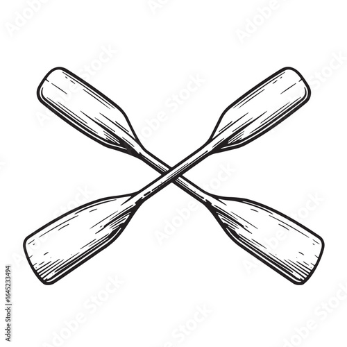 Crossed hand drawn oars illustration black and white isolated on white background