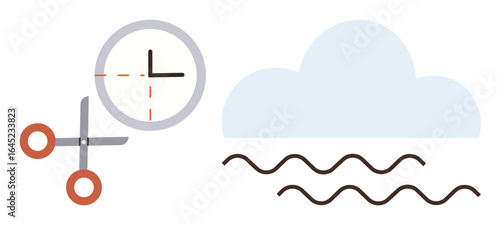 Scissors cutting across a clock and abstract elements thumbs up a cloud and wavy lines. Ideal for time management, creativity, problem-solving, innovation, planning, minimalism, and abstract