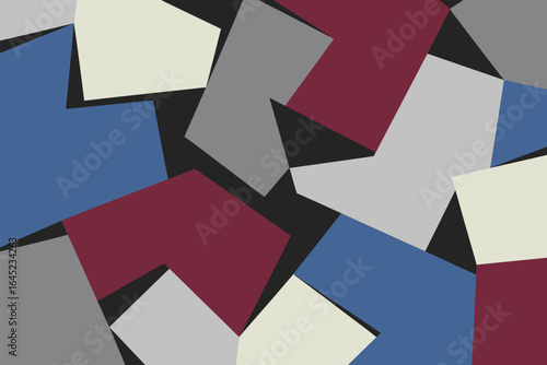 Abstract composition featuring overlapping polygons in shades of blue red gray and cream on black ground