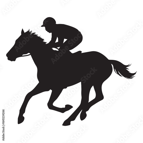 Vector silhouette illustration of a galloping horse with a rider, isolated on a white background
