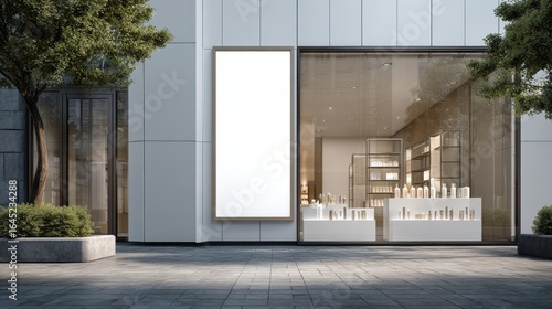 Eye-catching photo of white vertical banner fixed on pharmacy or cosmetics store window glass outside By Bonsales.