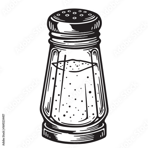 Detailed black and white illustration of a salt shaker for culinary and cooking designs