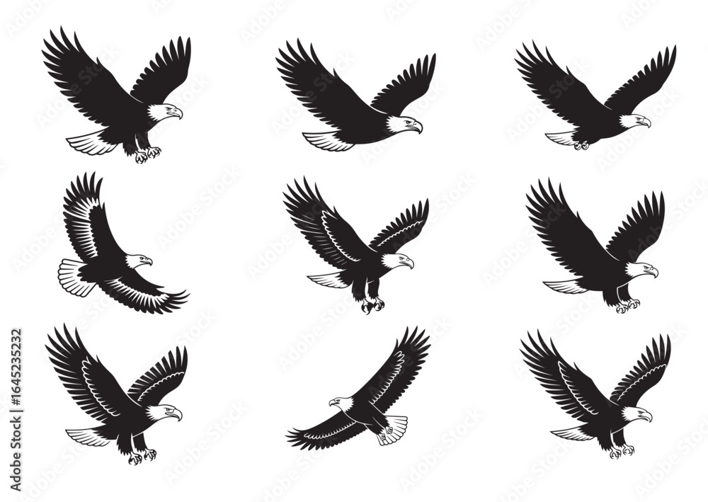 Obraz premium Bald Eagle flying in the sky silhouette vector Set