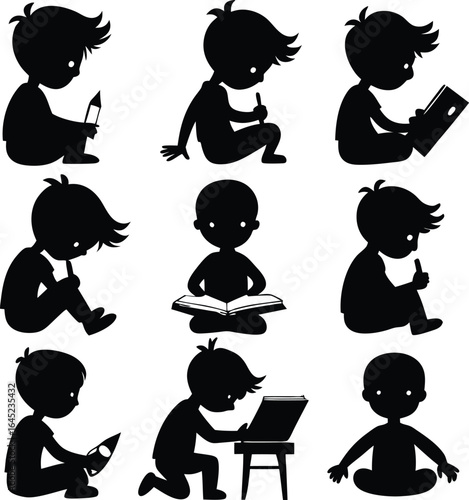 Black Silhouette Illustrations of Children Reading, Writing, and Learning Vector Design