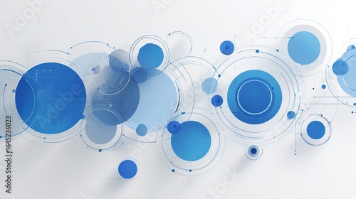 A minimalist modern data visualization infographic featuring gradient circles connected by thin lines in a monochrome blue hue with ample white space for text.