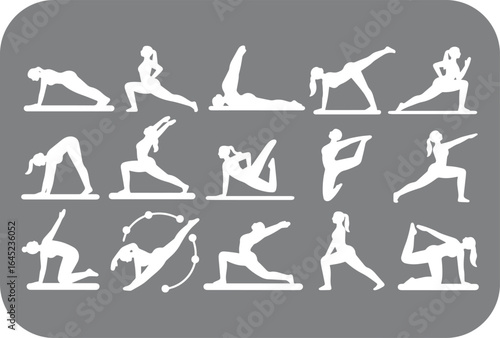 Collection of diverse yoga poses and exercises depicted as white silhouettes against a muted grey background showcasing flexibility and strength in a clean modern graphic