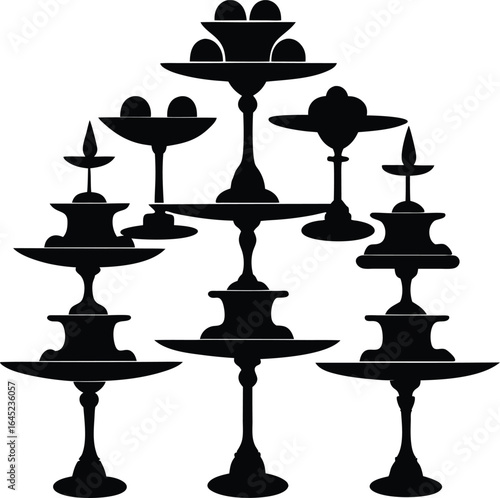 Silhouette Art: Decorative Cake Stands, Tiered Dessert Display, Elegant Black & White Design