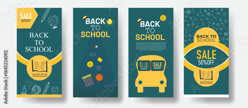 Back to school sale banner collection with colorful vector designs featuring stationery, books, backpacks, calculators, alarm clocks, and creative typography on vibrant backgrounds, perfect for educat
