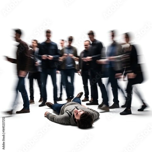 A man on the ground with a long-exposure crowd around (The Bystander Effect)