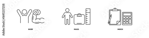 BMI icon set with body, mass, and index