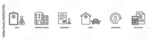 Mortgage icon set with loan, property estate, agreement, asset, repayment, and calculate