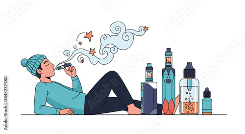A person enjoying their vaping device surrounded by e-liquid bottles illustrating a relaxed winter pastime