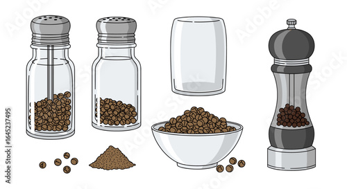 Various spice containers filled with black peppercorns and ground pepper