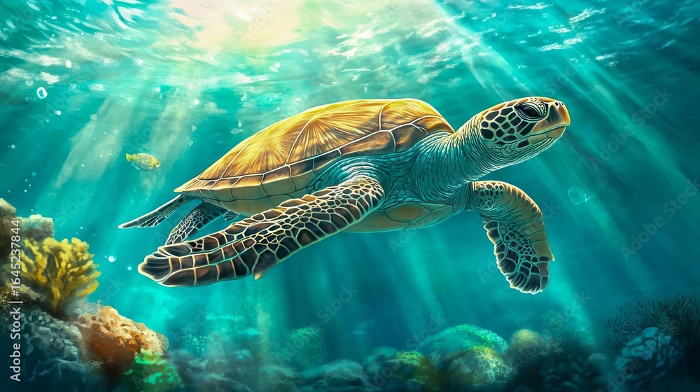 Obraz premium Sea turtle swimming in clear ocean sunlight rays coral reef below
