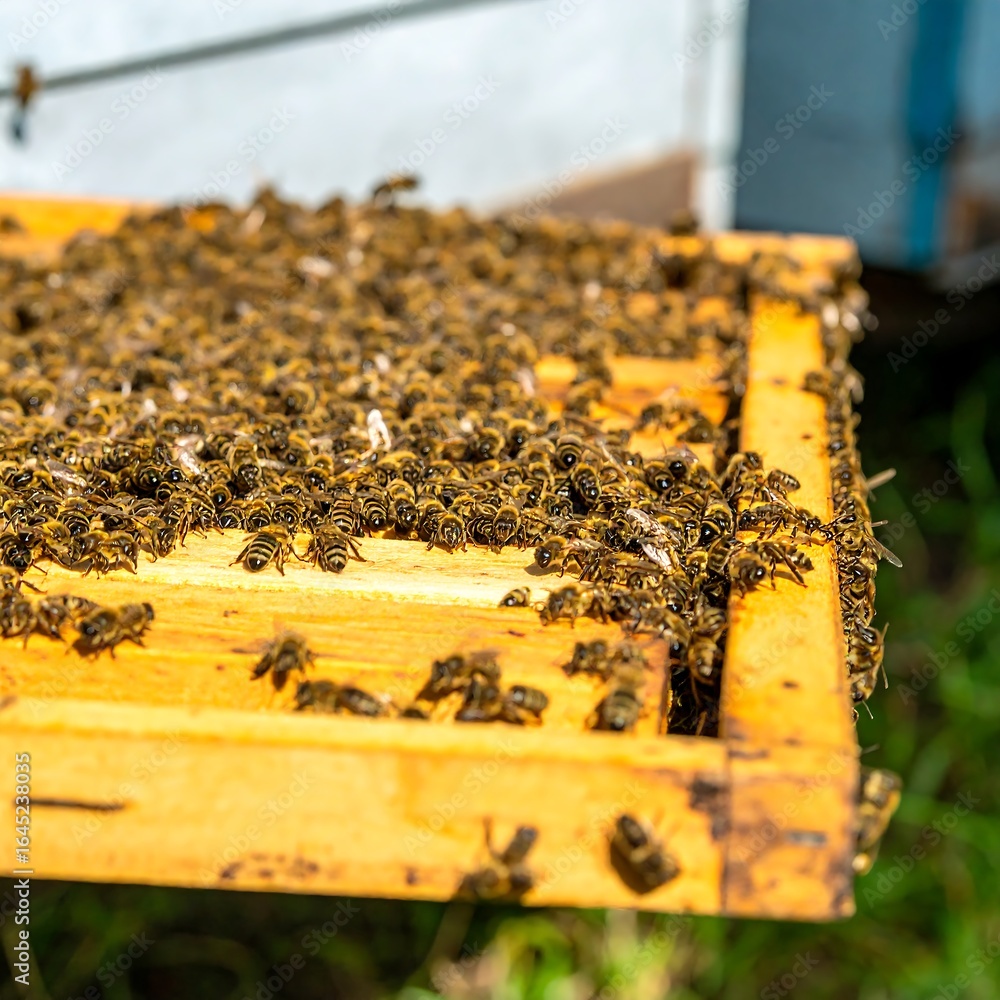 Honeybees on a wooden frame Honeybees on a wooden frame