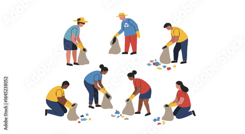 a set of Diverse Volunteers Cleaning Beach, Environmental Protection