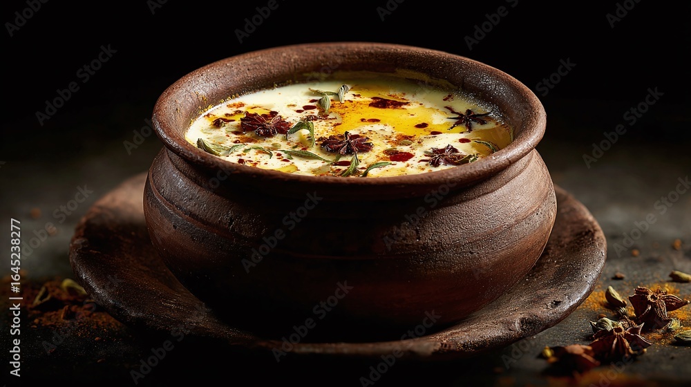 Rustic earthenware bowl filled with creamy soup, garnished with herbs and spices, presented on a wooden base against a dark background. Rustic earthenware bowl filled with creamy soup, garnished with herbs and spices, presented on a wooden base against a dark background.