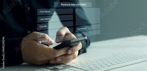Man filling out a form with personal data online.	Personal data information management.Digital online employee form. Human resource concept.