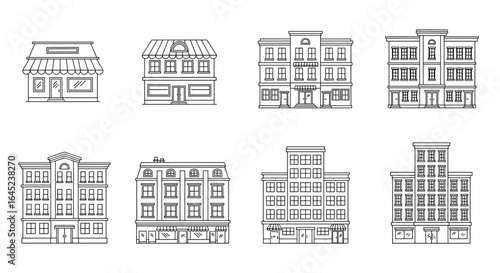 Collection of diverse architectural building facades in black and white sketch style for design projects