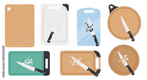 A collection of various cutting boards and knives demonstrating food preparation and kitchen utensils for culinary tasks