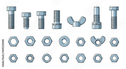 Collection of essential fasteners showing bolts nuts and washers in various styles and sizes for construction and engineering applications
