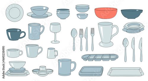Collection of tableware and kitchenware essentials for dining and serving needs