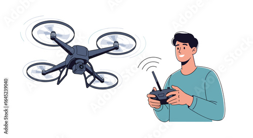 A smiling man controls a flying drone using a remote control device for aerial photography and videography
